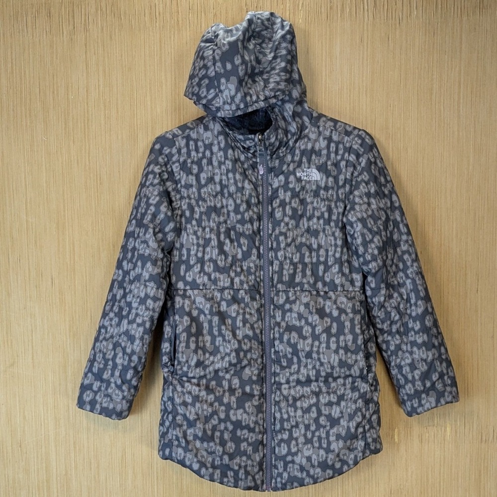 The North Face Girls L 14/16 Mossbud Swirl Reversible Jacket Gray Leopard Print